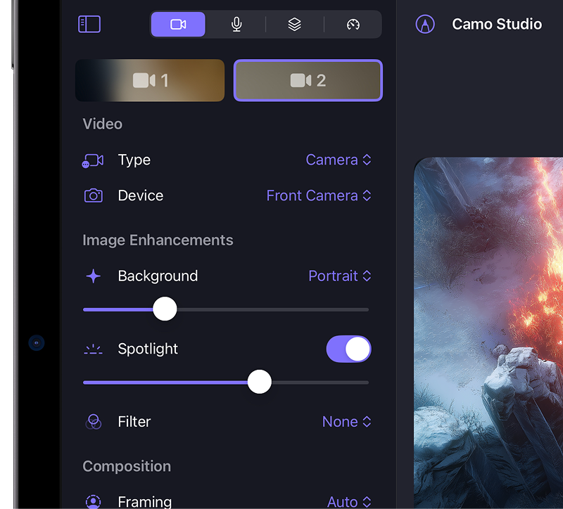 Scene settings in Camo Studio for iPad
